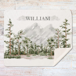 Monogrammed Watercolor Mountain and Forest Sherpa Blanket