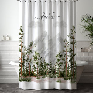 Monogrammed Watercolor Mountain and Forest Shower Curtain