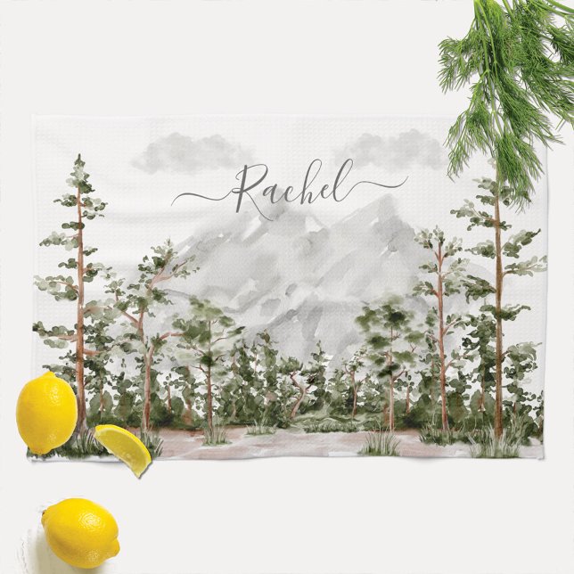 Monogrammed Watercolor Mountain and Forest Tea Towel (Close up)