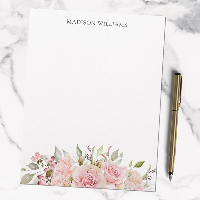 Monogrammed Watercolor Pink Rose Floral Custom Letterhead (In situ)