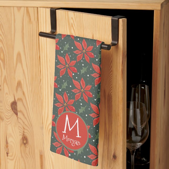 Monogrammed Watercolor Poinsettia Pattern Tea Towel (Thirds Fold)