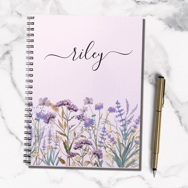 Monogrammed Watercolor Purple Wildflower Garden Notebook (In situ)