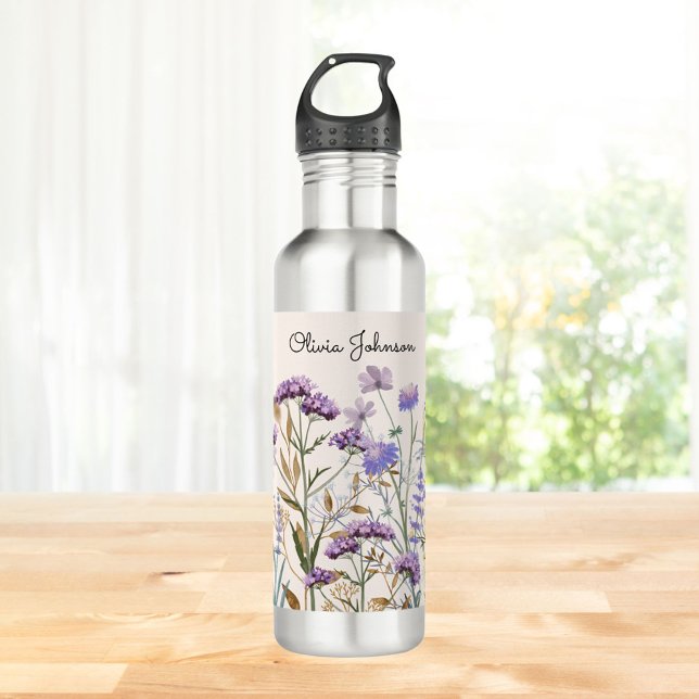 Monogrammed Watercolor Purple Wildflower Meadow 710 Ml Water Bottle (Close up)