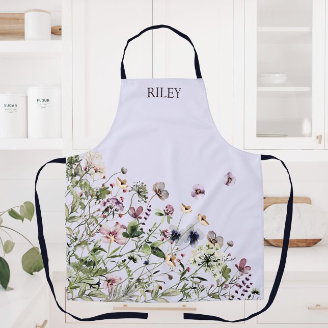 Monogrammed Watercolor Purple Wildflowers Apron (In situ)