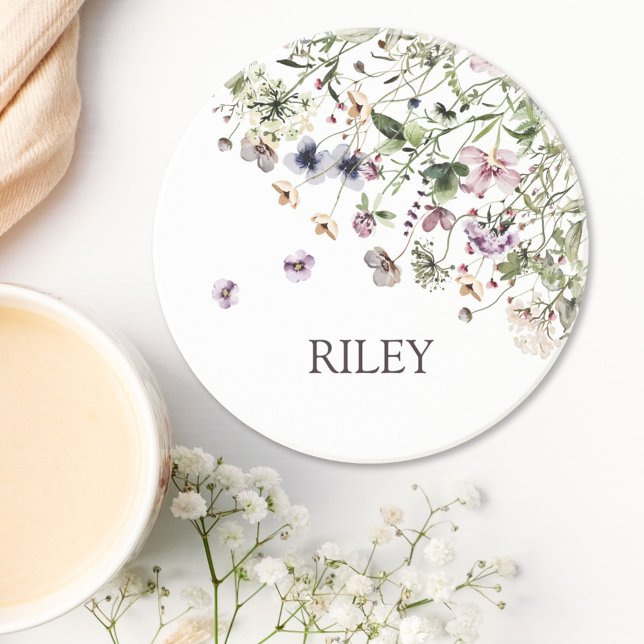 Monogrammed Watercolor Purple Wildflowers Coaster (In situ)