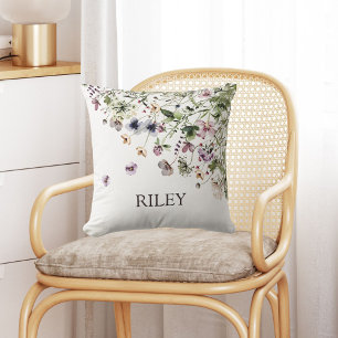 Monogrammed Watercolor Purple Wildflowers Cushion