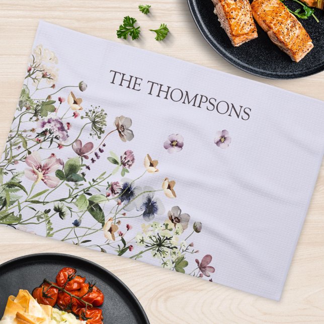 Monogrammed Watercolor Purple Wildflowers Tea Towel (In situ Kitchen Table)