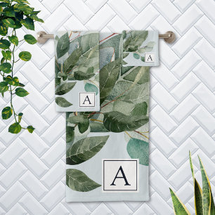 Monogrammed Watercolor Rustic Sage Greenery Bath Towel Set