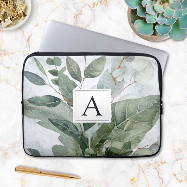 Monogrammed Watercolor Rustic Sage Greenery Laptop Sleeve (In situ)