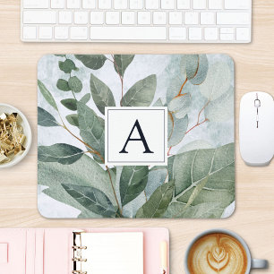 Monogrammed Watercolor Rustic Sage Greenery Mouse Pad