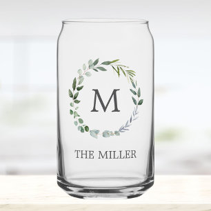 Monogrammed Watercolor Sage Green Leaves Wreath Can Glass