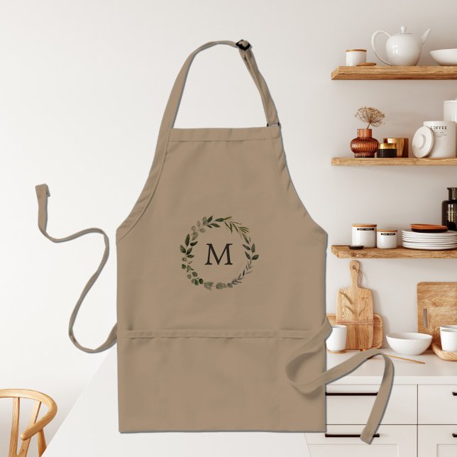 Monogrammed Watercolor Sage Green Leaves Wreath Standard Apron (In situ)