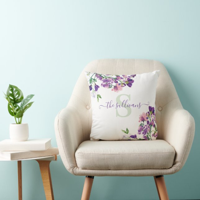 Monogrammed Watercolor Sweet Pea Pillow (Chair)
