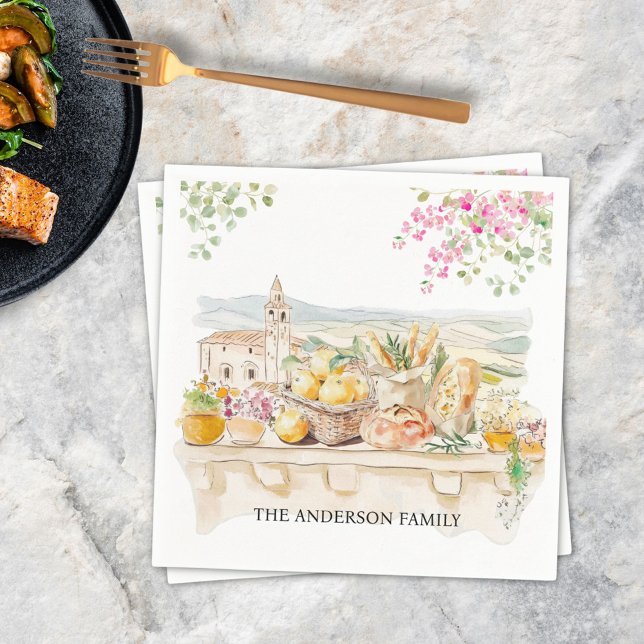 Monogrammed Watercolor Tuscany Mediterranean Italy Napkin (In situ)