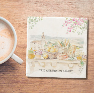 Monogrammed Watercolor Tuscany Mediterranean Italy Stone Coaster