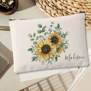 Monogrammed Watercolor Vintage Rustic Sunflower Accessory Pouch