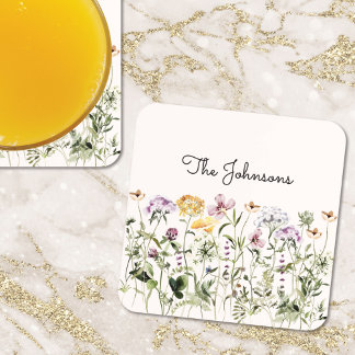 Monogrammed Watercolor Wildflower Garden Coaster