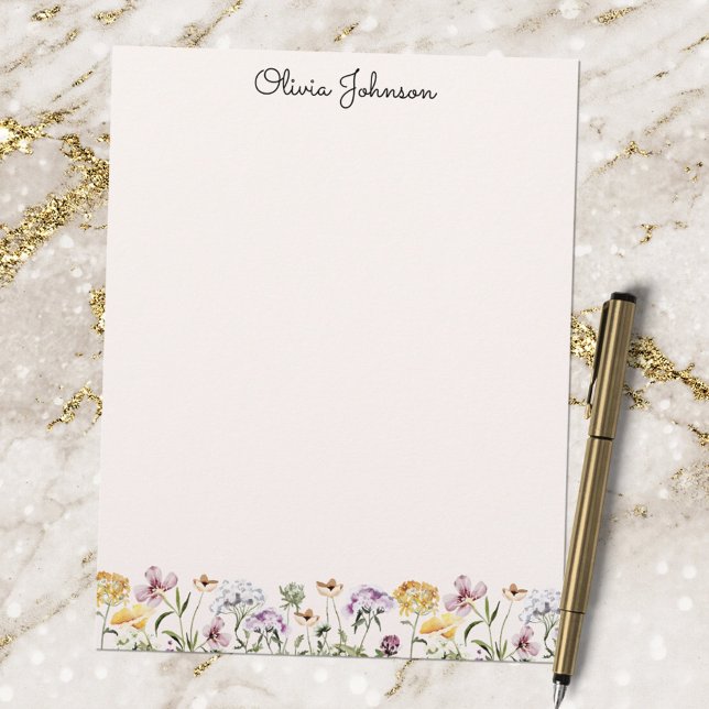 Monogrammed Watercolor Wildflower Garden Custom Letterhead (In situ)
