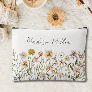 Monogrammed Watercolor Wildflower Meadow Floral Accessory Pouch