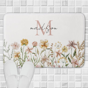 Monogrammed Watercolor Wildflower Meadow Floral Bath Mat