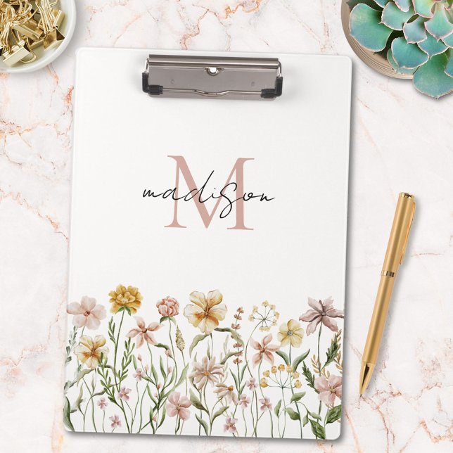 Monogrammed Watercolor Wildflower Meadow Floral Clipboard (In situ)