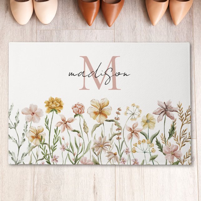 Monogrammed Watercolor Wildflower Meadow Floral Doormat (In situ)