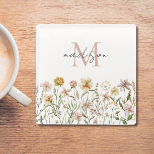 Monogrammed Watercolor Wildflower Meadow Floral Glass Coaster