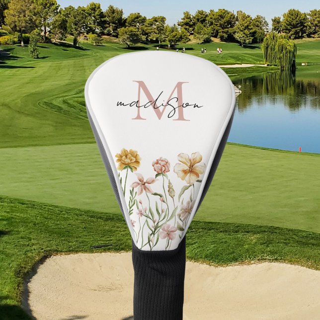 Monogrammed Watercolor Wildflower Meadow Floral Golf Head Cover (In situ)