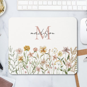 Monogrammed Watercolor Wildflower Meadow Floral Mouse Pad
