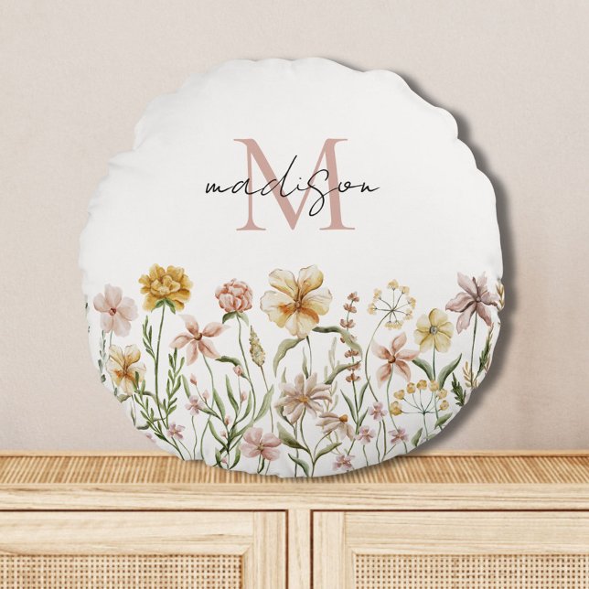 Monogrammed Watercolor Wildflower Meadow Floral Round Cushion (In situ)