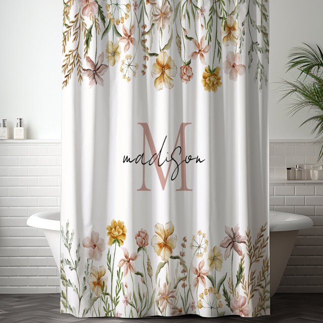 Monogrammed Watercolor Wildflower Meadow Floral Shower Curtain (In situ)