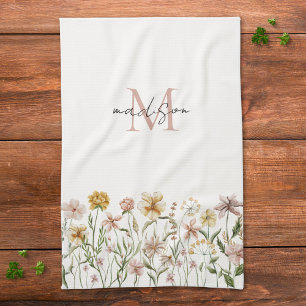 Monogrammed Watercolor Wildflower Meadow Floral Tea Towel