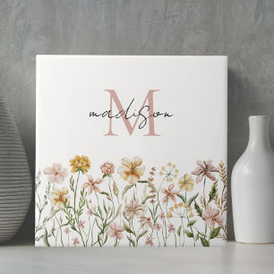 Monogrammed Watercolor Wildflower Meadow Floral Tile