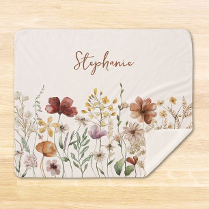 Monogrammed Watercolor Wildflower Pretty Floral Sherpa Blanket