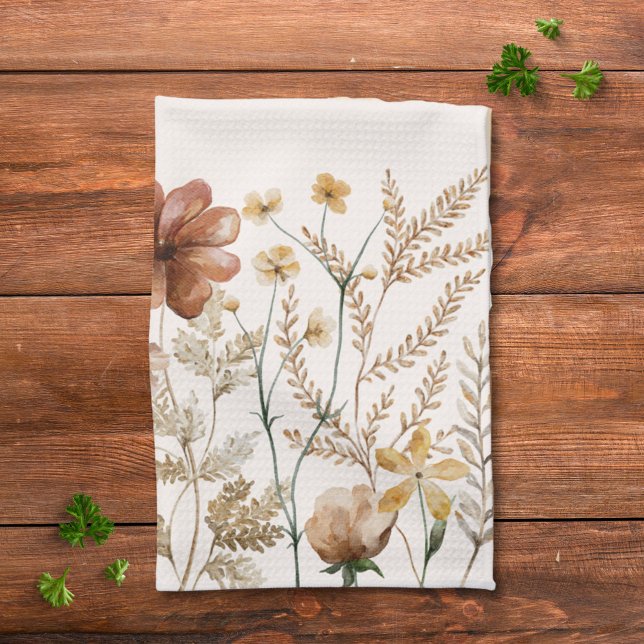 Monogrammed Watercolor Wildflower Pretty Floral Tea Towel (In situ)