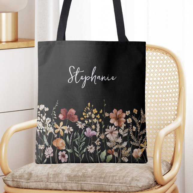 Monogrammed Watercolor Wildflower Pretty Floral Tote Bag (In situ)