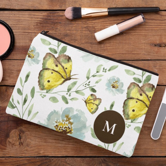 Monogrammed Watercolor yellow Butterfly floral Accessory Pouch (monogrammed butterfly floral pattern cosmetic pouch.)