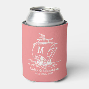 Monogrammed Wedding Couple Vintage Ship   Coral Can Cooler