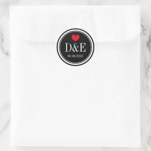 Monogrammed wedding favour stickers with red heart