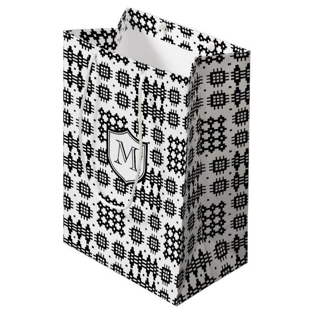Monogrammed Welsh Tapestry Pattern Black on White Medium Gift Bag (Front Angled)