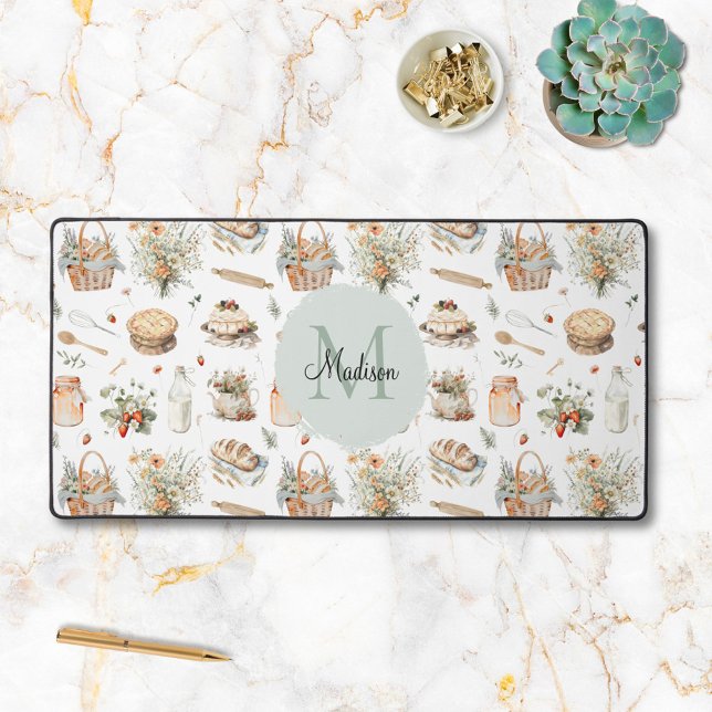 Monogrammed Whimsical Floral Strawberry Country Desk Mat (In situ)