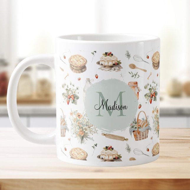Monogrammed Whimsical Floral Strawberry Country Large Coffee Mug (In situ)