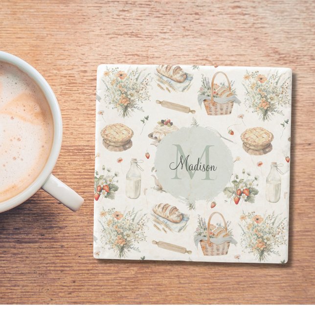 Monogrammed Whimsical Floral Strawberry Country Stone Coaster (In situ)