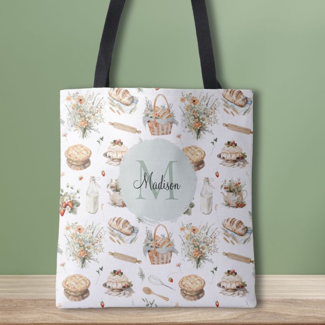 Monogrammed Whimsical Floral Strawberry Country Tote Bag (In situ)