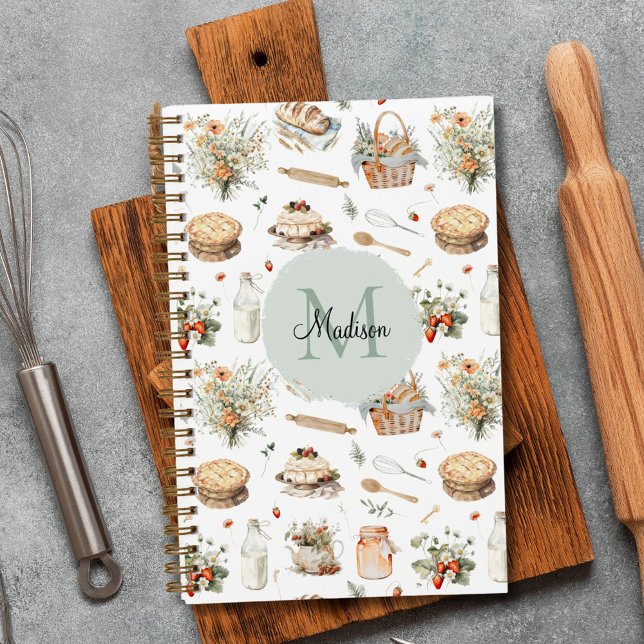 Monogrammed Whimsical Floral Strawberry Recipe Notebook (In situ)