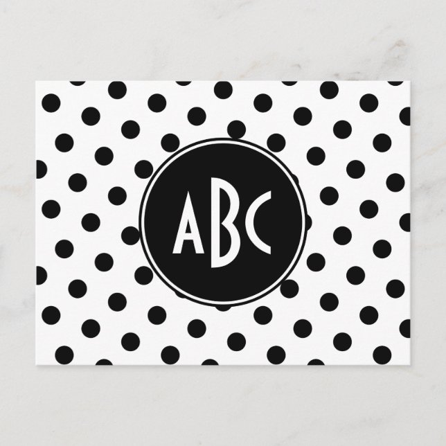 Monogrammed White and Black Polka Dots Postcard (Front)