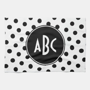 Monogrammed White and Black Polka Dots Tea Towel