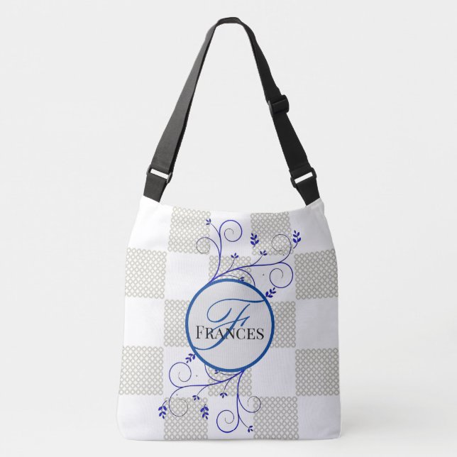 Monogrammed White And Blue Personalised Tote Bag (Front)