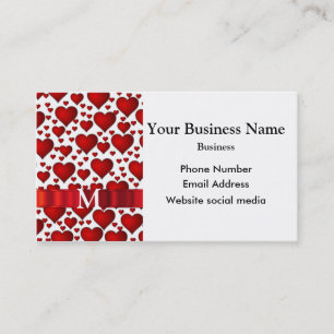 Monogrammed white and red heart pattern business card