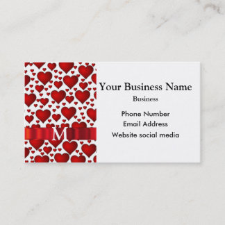 Monogrammed white and red heart pattern business card